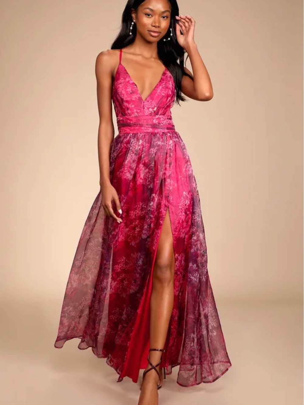 Lulus XL Romance That Wows Magenta Floral Print Organza Maxi Evening Prom Ball - Picture 5 of 17